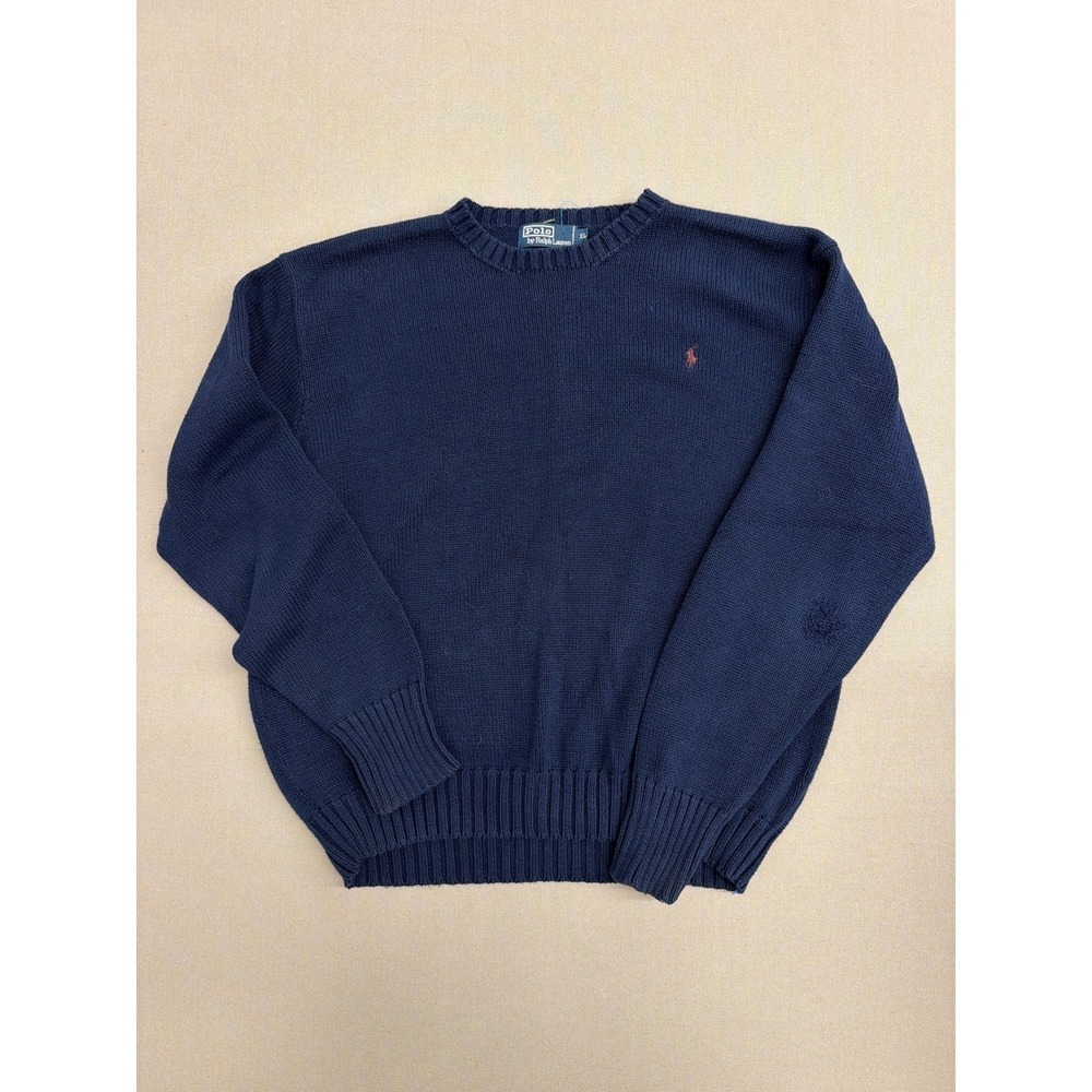 Polo Ralph Lauren Mens XL Navy Blue Cotton Knit‎ Crewneck Sweater Red Pony Logo